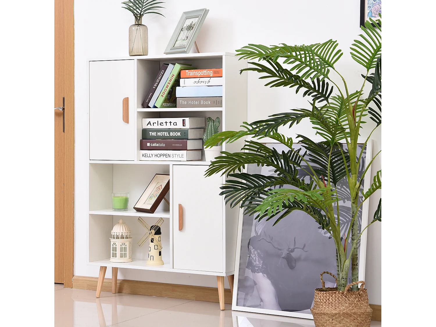 Bibliothèque scandinave 4 niches + 2 placards avec étagère dim. 80L x 24l x 123H cm pieds effilés inclinés bois massif panneaux particules blanc