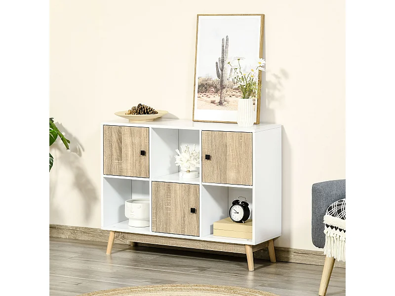 Bibliothèque meuble de rangement design scandinave 3 niches 3 portes panneaux particules blanc aspect chêne clair
