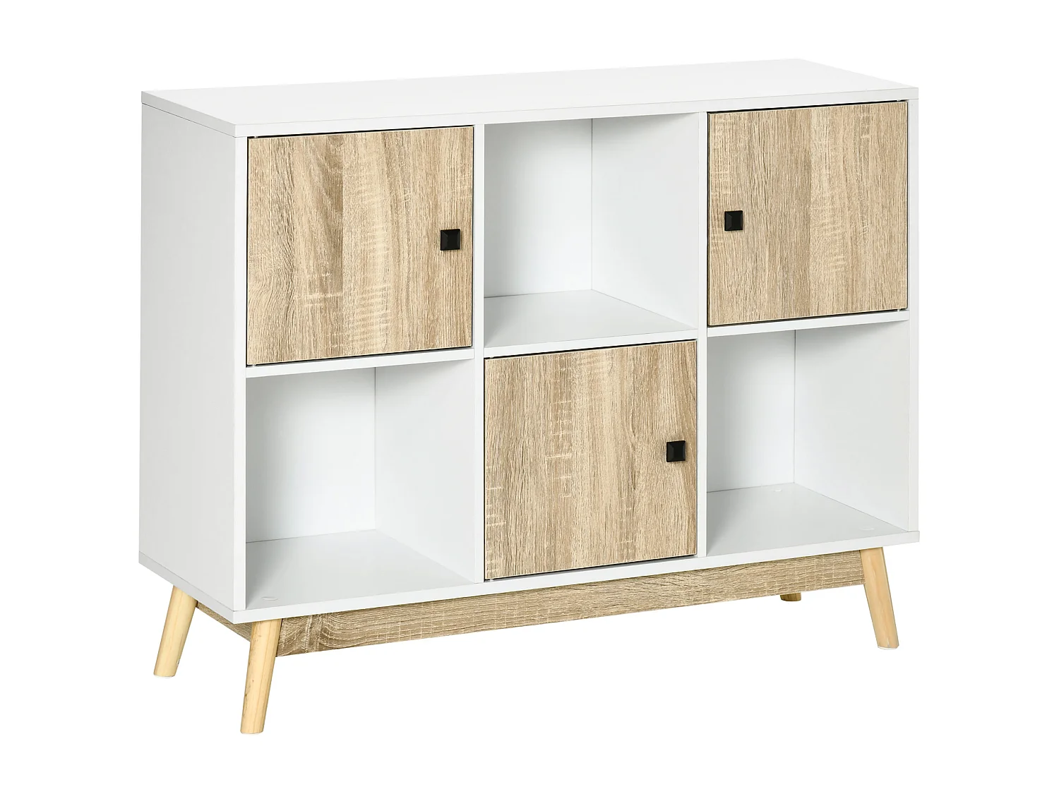 Bibliothèque meuble de rangement design scandinave 3 niches 3 portes panneaux particules blanc aspect chêne clair