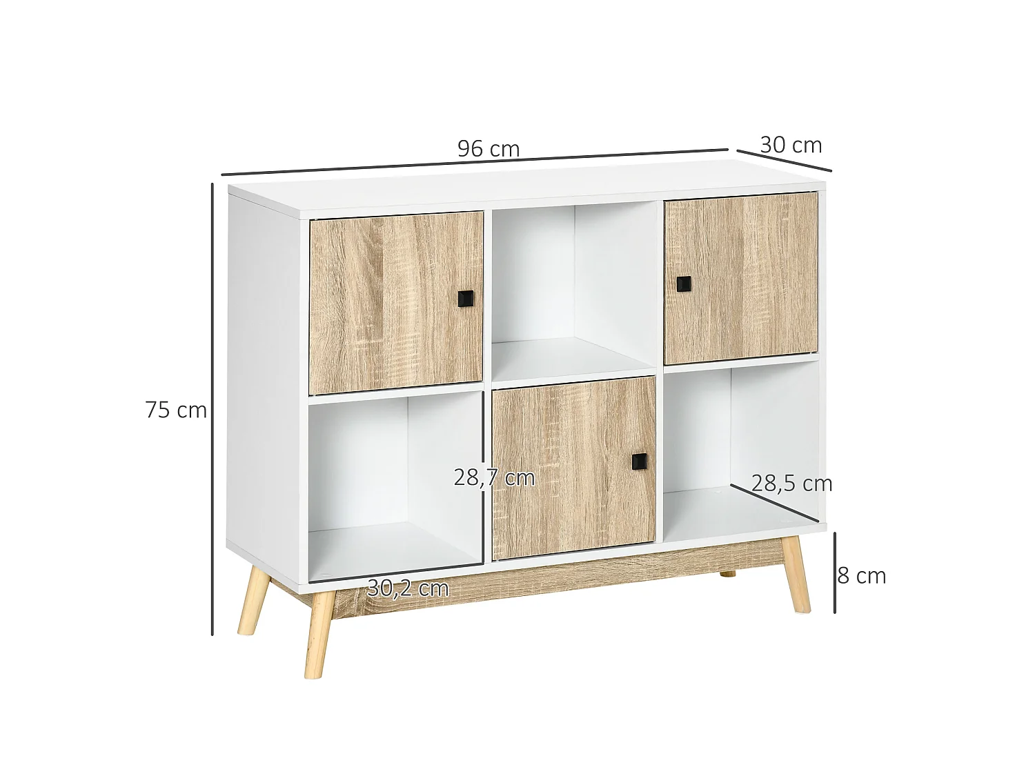 Bibliothèque meuble de rangement design scandinave 3 niches 3 portes panneaux particules blanc aspect chêne clair