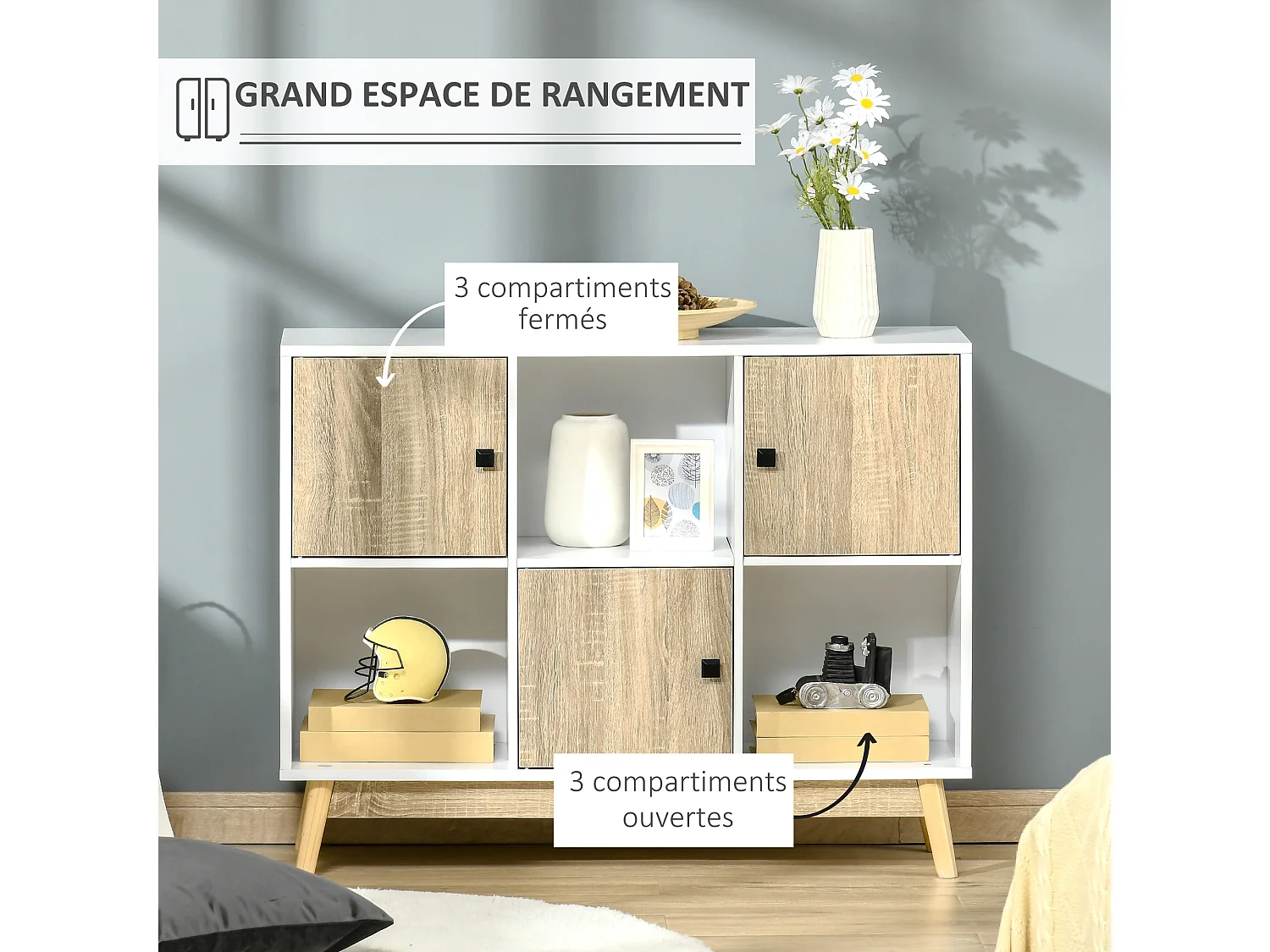 Bibliothèque meuble de rangement design scandinave 3 niches 3 portes panneaux particules blanc aspect chêne clair