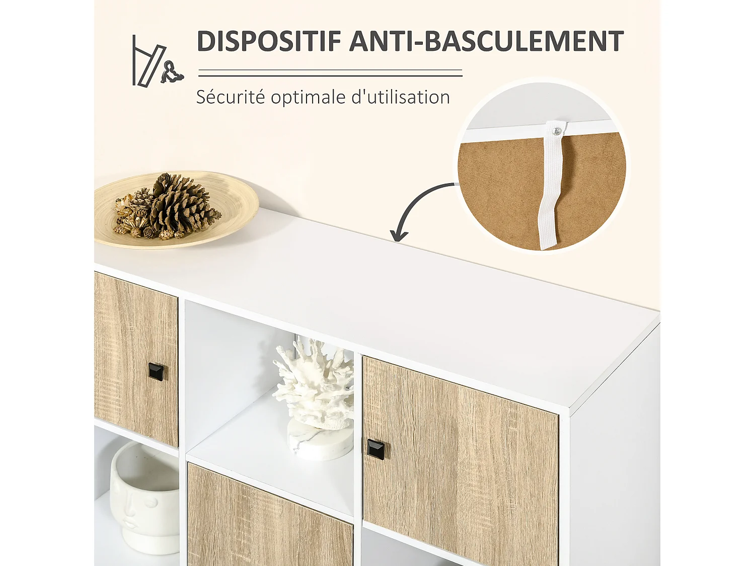 Bibliothèque meuble de rangement design scandinave 3 niches 3 portes panneaux particules blanc aspect chêne clair