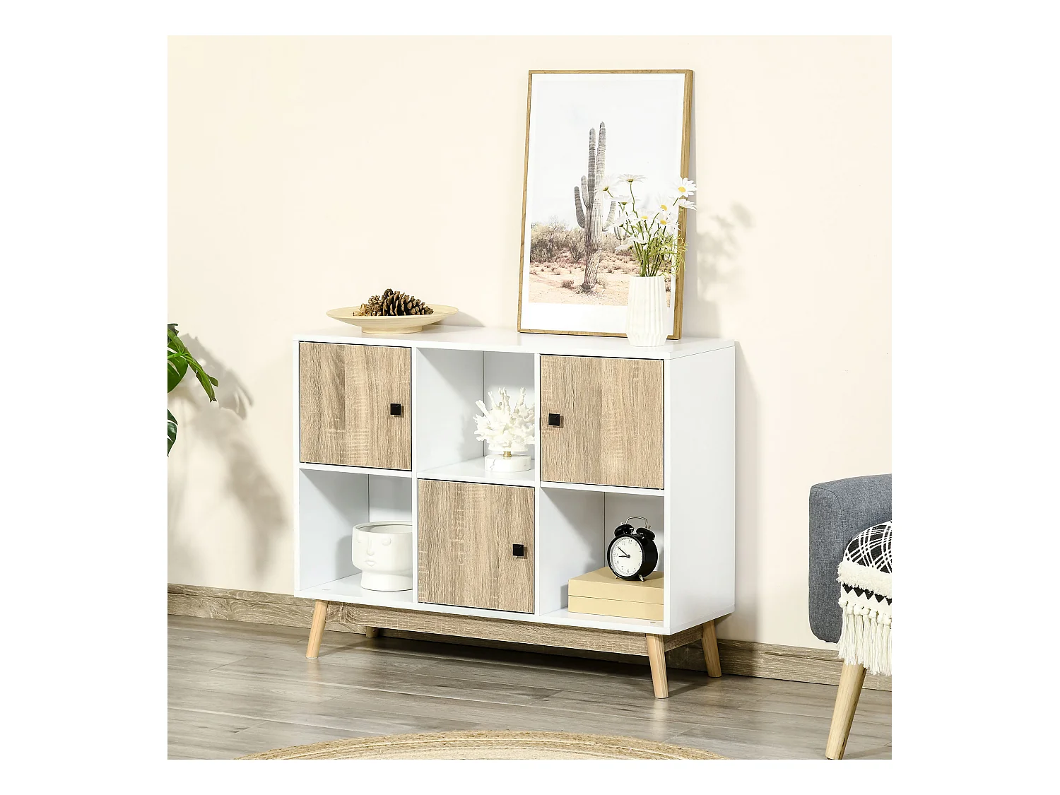 Bibliothèque meuble de rangement design scandinave 3 niches 3 portes panneaux particules blanc aspect chêne clair