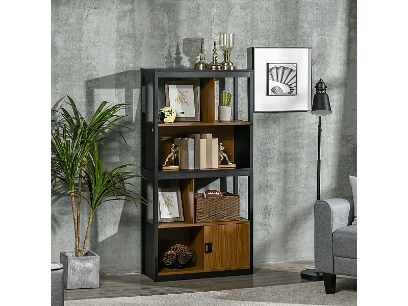 Bibliothèque style industriel 2 étagères 2 niches 1 porte panneaux particules MDF aspect bois veinage noir