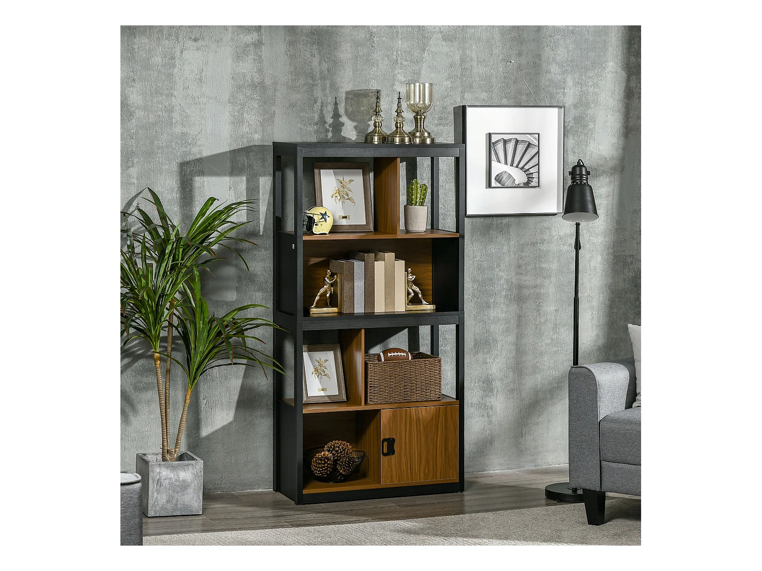 Bibliothèque style industriel 2 étagères 2 niches 1 porte panneaux particules MDF aspect bois veinage noir