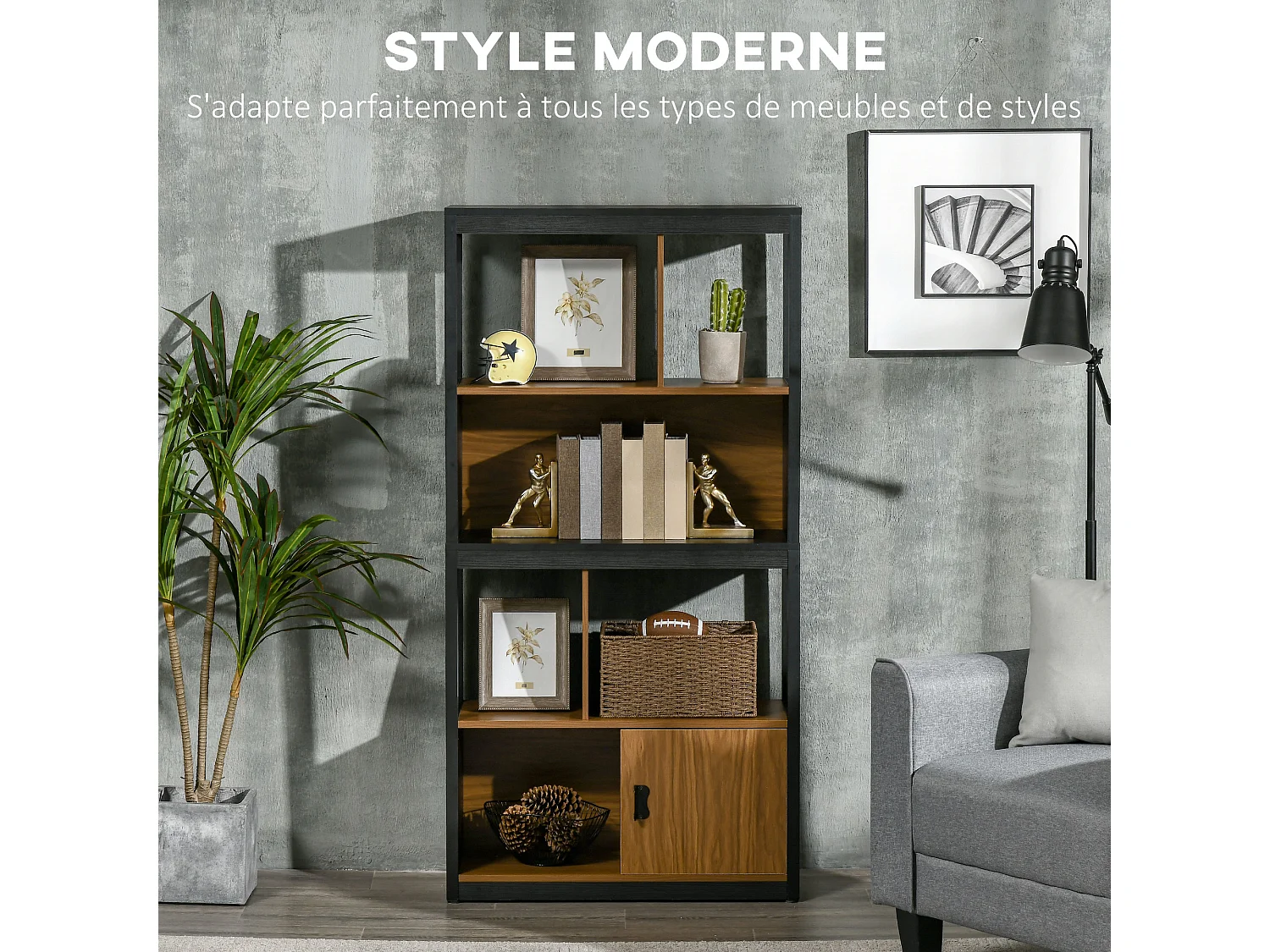 Bibliothèque style industriel 2 étagères 2 niches 1 porte panneaux particules MDF aspect bois veinage noir