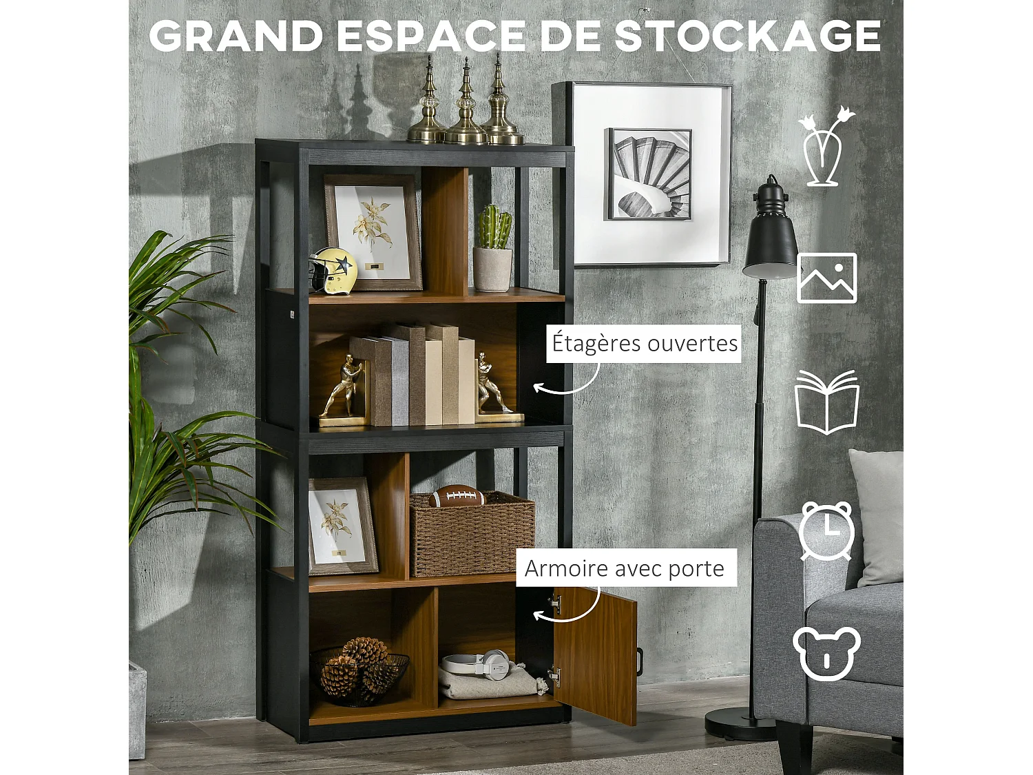 Bibliothèque style industriel 2 étagères 2 niches 1 porte panneaux particules MDF aspect bois veinage noir