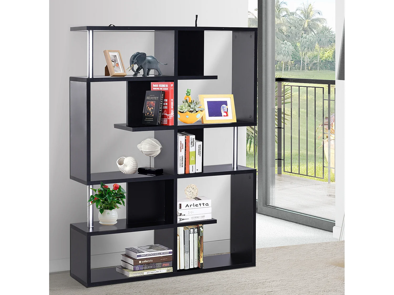Bibliothèque étagère séparation design contemporain zig zag dim. 120L x 29l x 160H cm panneaux particules noir métal