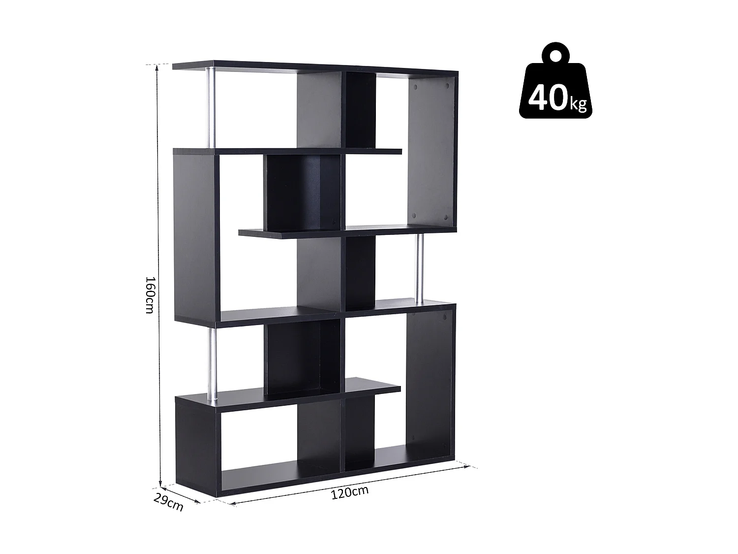Bibliothèque étagère séparation design contemporain zig zag dim. 120L x 29l x 160H cm panneaux particules noir métal