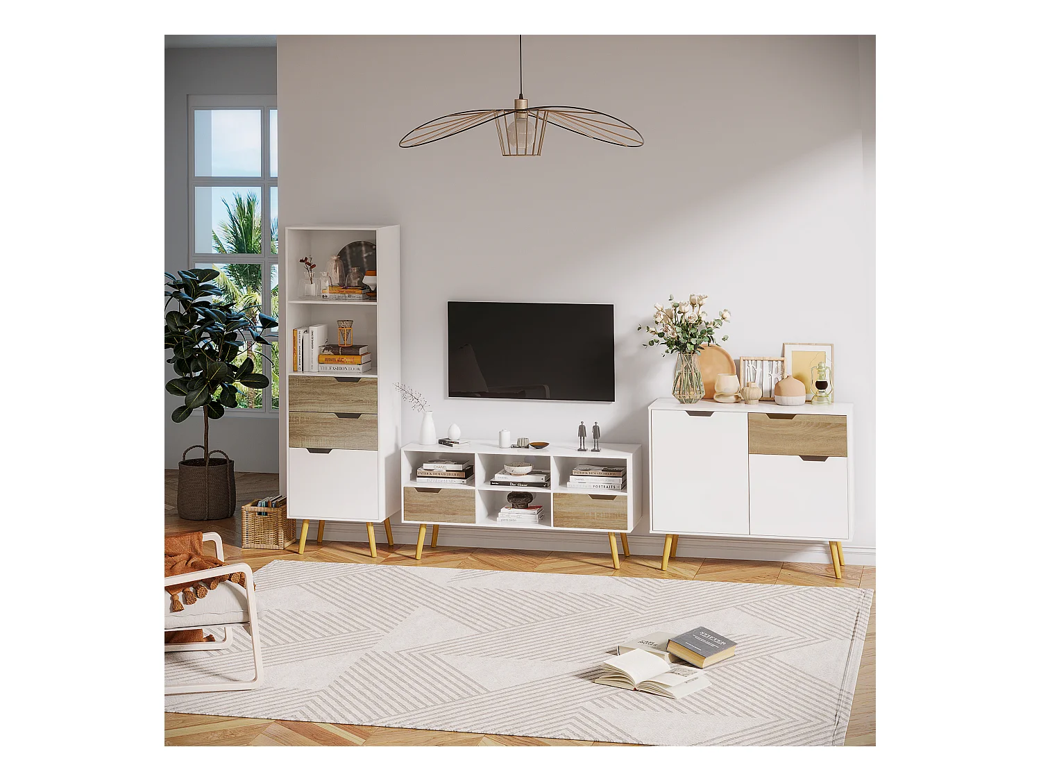Meuble de rangement colonne design scandinave - 3 tiroirs et 2 niches - piètement effilé incliné bois pin panneaux particules blanc