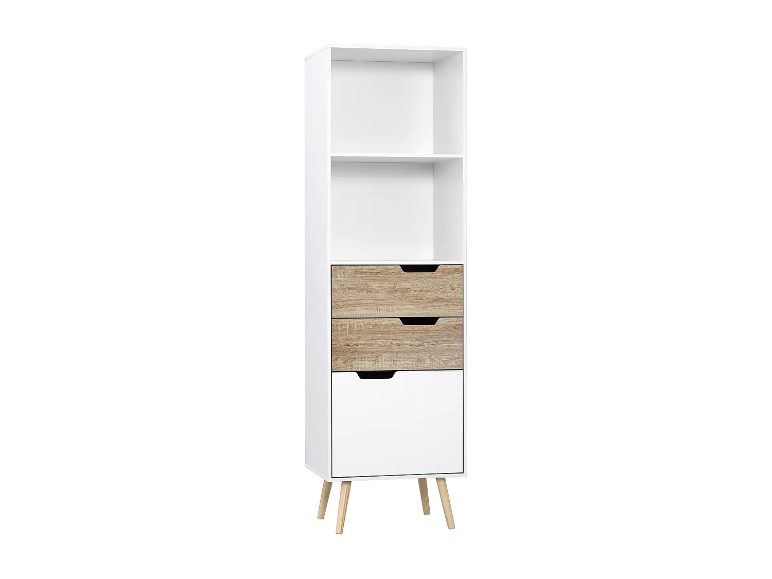 Meuble de rangement colonne design scandinave - 3 tiroirs et 2 niches - piètement effilé incliné bois pin panneaux particules blanc
