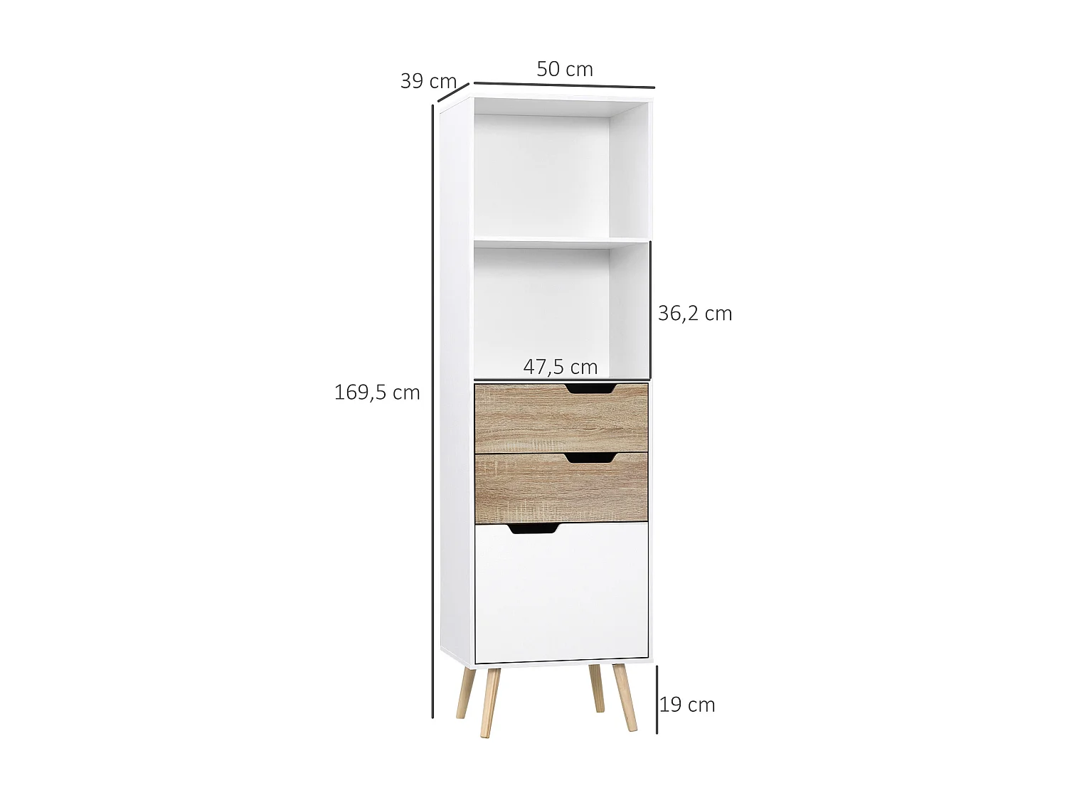 Meuble de rangement colonne design scandinave - 3 tiroirs et 2 niches - piètement effilé incliné bois pin panneaux particules blanc