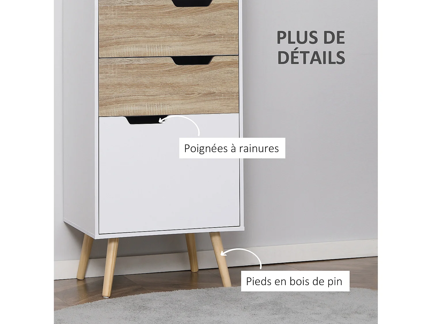 Meuble de rangement colonne design scandinave - 3 tiroirs et 2 niches - piètement effilé incliné bois pin panneaux particules blanc