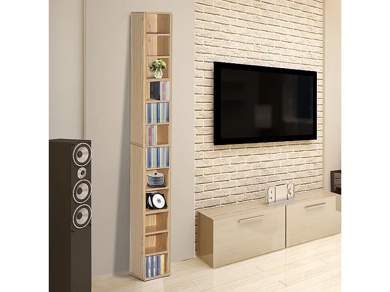 Étagère colonne armoire de rangement CD 12 compartiments 21L x 20l x 175H cm capacité max. 204 CD coloris hêtre