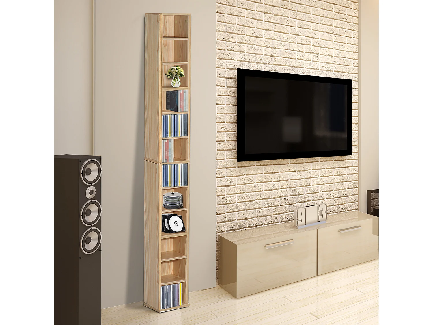 Étagère colonne armoire de rangement CD 12 compartiments 21L x 20l x 175H cm capacité max. 204 CD coloris hêtre