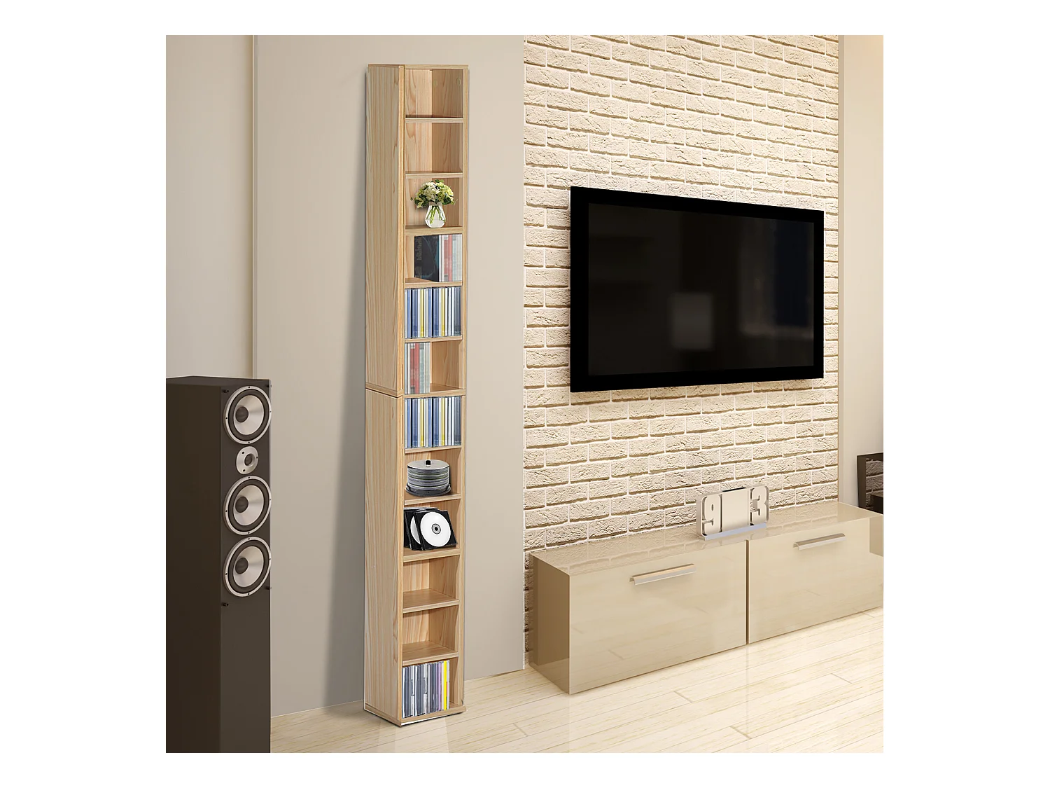Étagère colonne armoire de rangement CD 12 compartiments 21L x 20l x 175H cm capacité max. 204 CD coloris hêtre