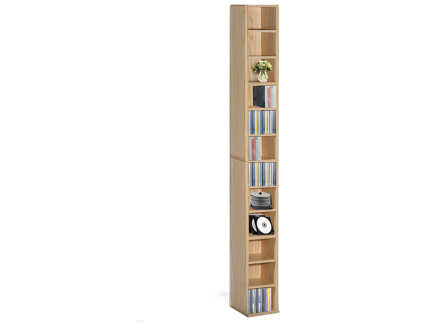 Étagère colonne armoire de rangement CD 12 compartiments 21L x 20l x 175H cm capacité max. 204 CD coloris hêtre