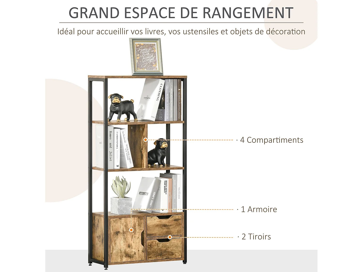 Bibliothèque style industriel 3 étagères placard porte 2 tiroirs panneaux particules aspect vieux bois acier noir