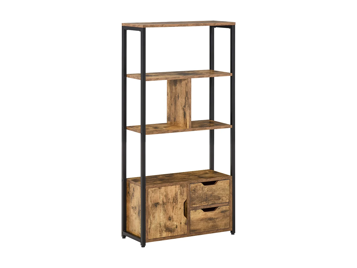 Bibliothèque style industriel 3 étagères placard porte 2 tiroirs panneaux particules aspect vieux bois acier noir