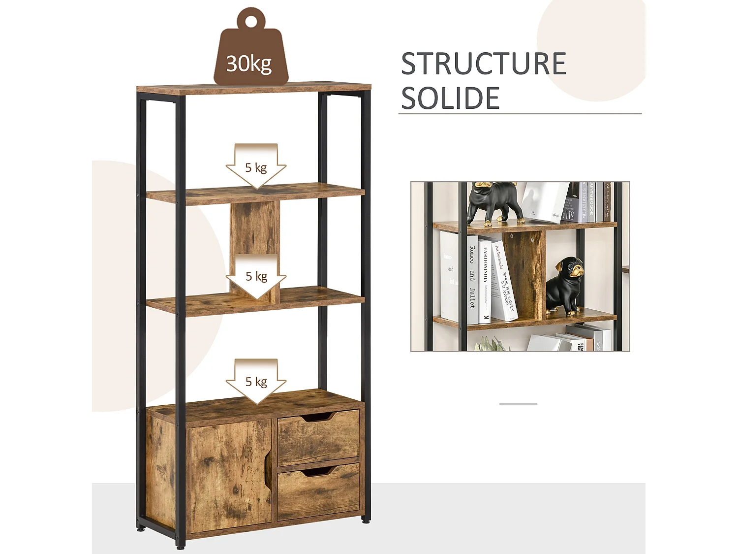 Bibliothèque style industriel 3 étagères placard porte 2 tiroirs panneaux particules aspect vieux bois acier noir