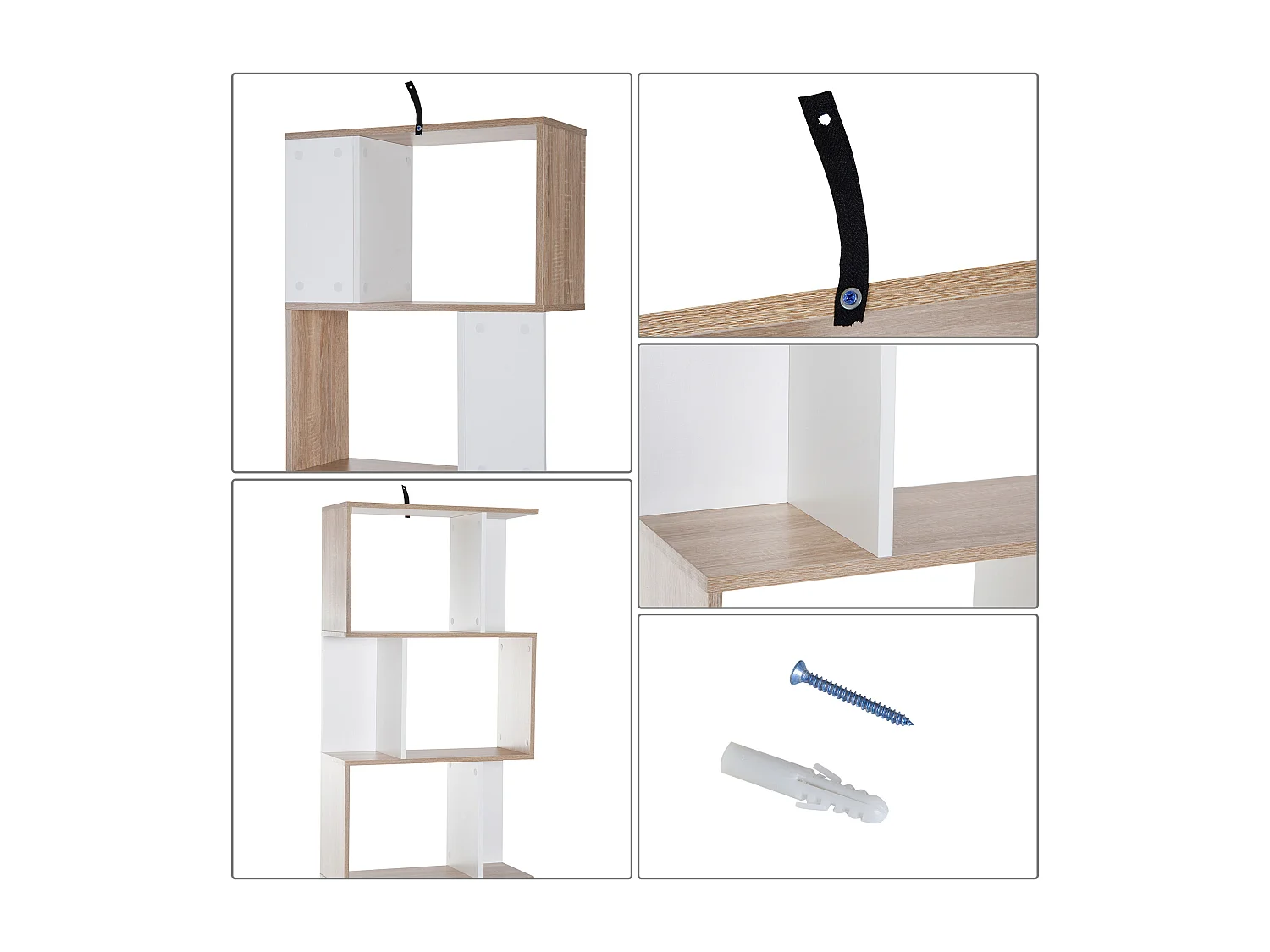 Bibliothèque étagère meuble de rangement design contemporain en S 5 étagères 60L x 24l x 185H cm effet chêne blanc