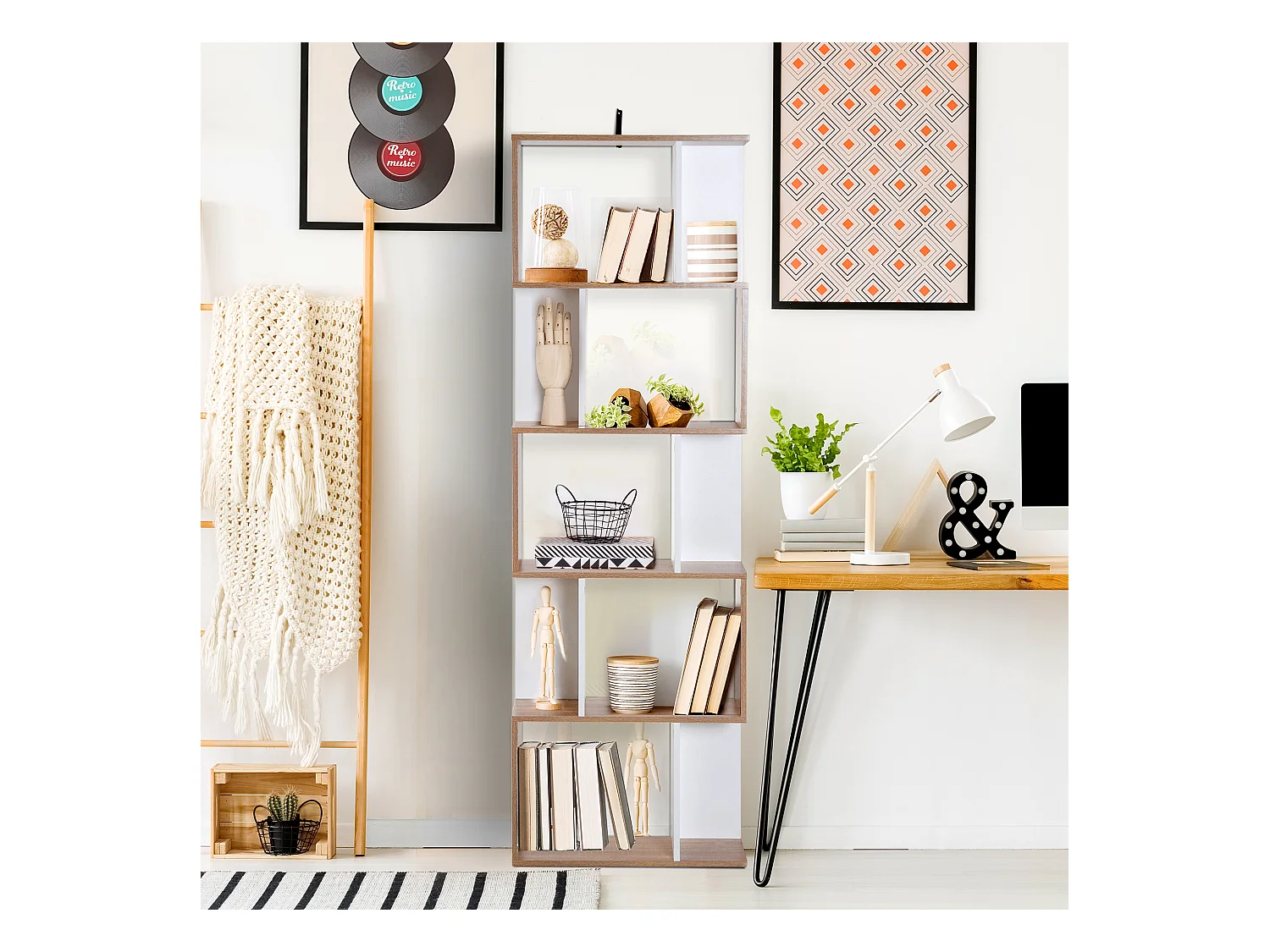 Bibliothèque étagère meuble de rangement design contemporain en S 5 étagères 60L x 24l x 185H cm effet chêne blanc