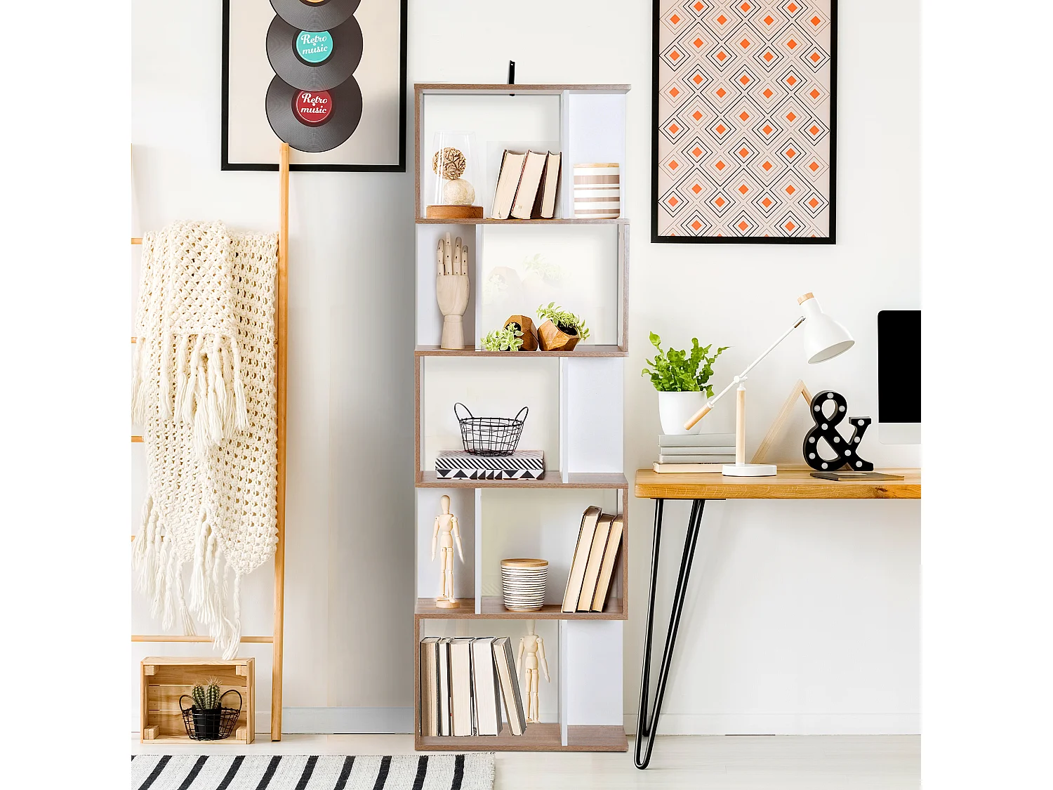 Bibliothèque étagère meuble de rangement design contemporain en S 5 étagères 60L x 24l x 185H cm effet chêne blanc