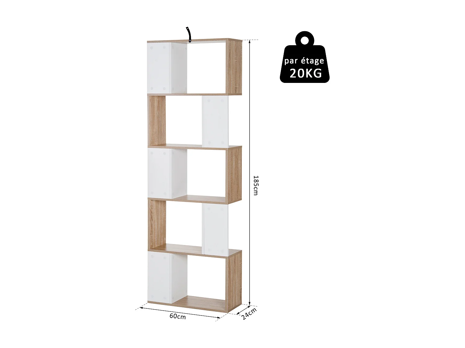 Bibliothèque étagère meuble de rangement design contemporain en S 5 étagères 60L x 24l x 185H cm effet chêne blanc
