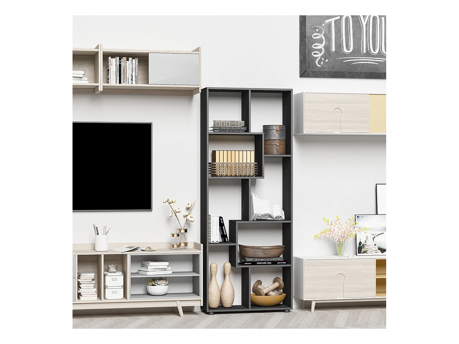 Bibliothèque étagère meuble de rangement dim. 70L x 24l x 178H cm en zigazag et 8 espaces en panneau de particules noir