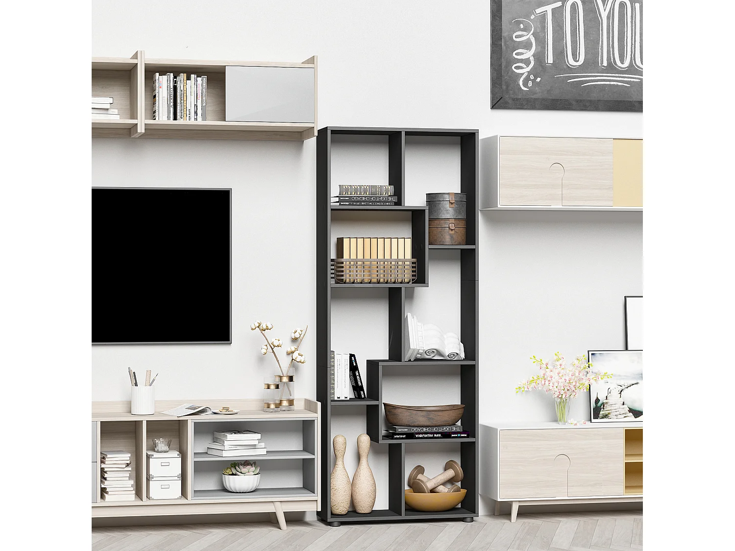 Bibliothèque étagère meuble de rangement dim. 70L x 24l x 178H cm en zigazag et 8 espaces en panneau de particules noir