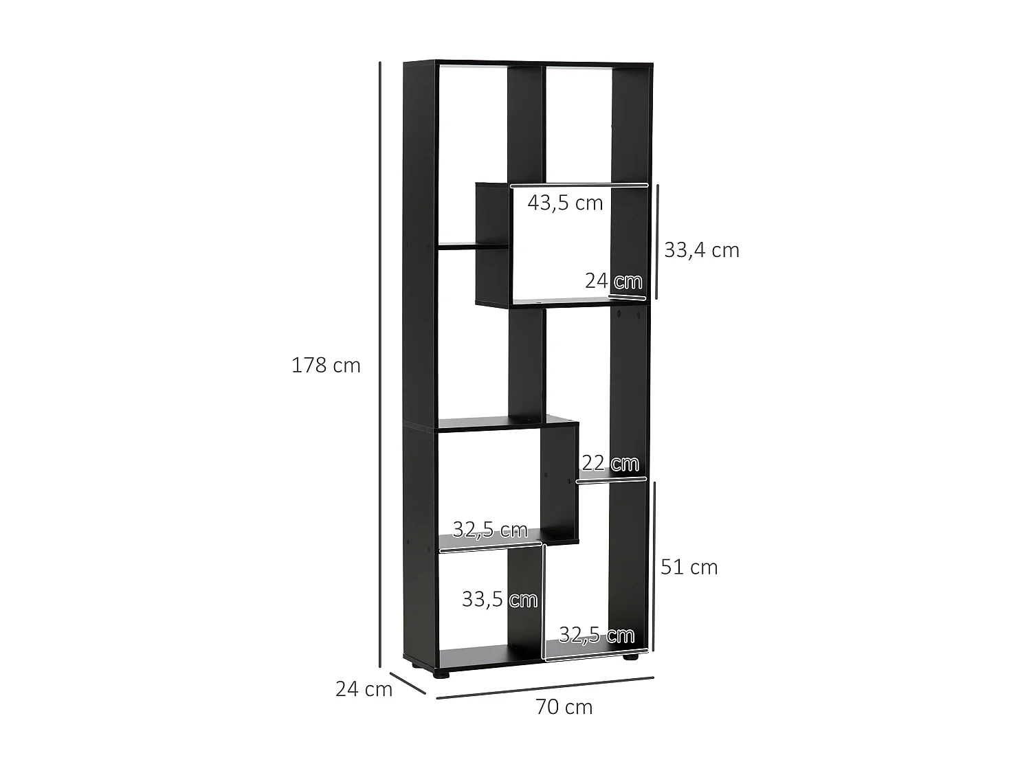 Bibliothèque étagère meuble de rangement dim. 70L x 24l x 178H cm en zigazag et 8 espaces en panneau de particules noir