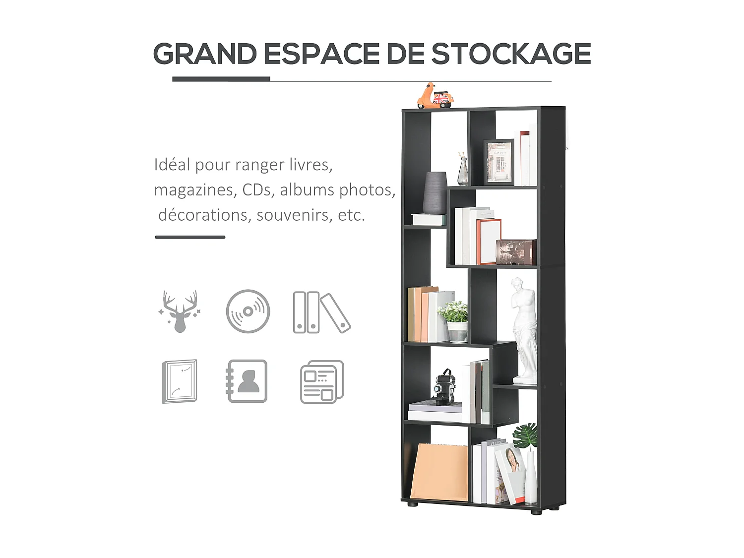 Bibliothèque étagère meuble de rangement dim. 70L x 24l x 178H cm en zigazag et 8 espaces en panneau de particules noir