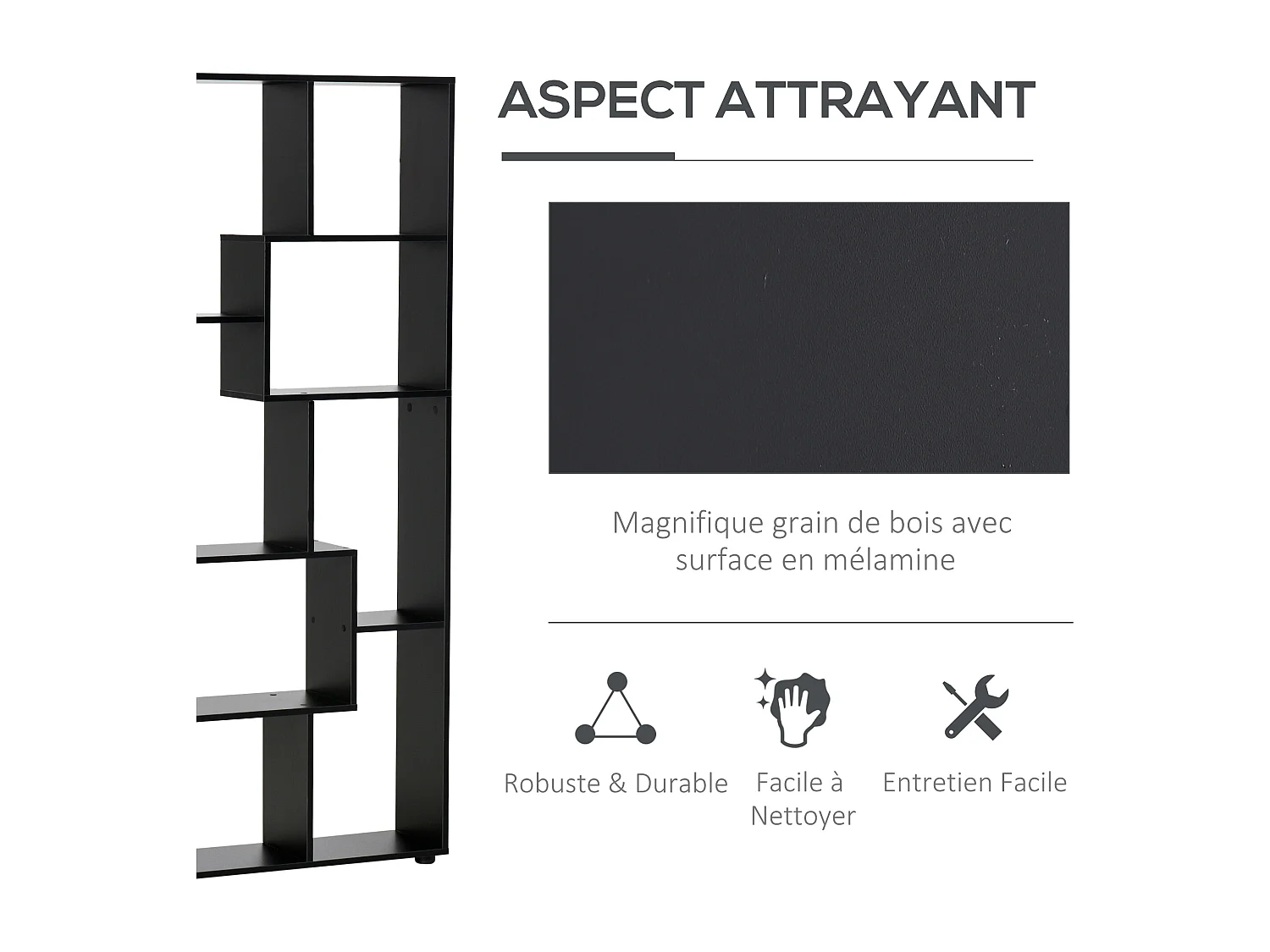 Bibliothèque étagère meuble de rangement dim. 70L x 24l x 178H cm en zigazag et 8 espaces en panneau de particules noir