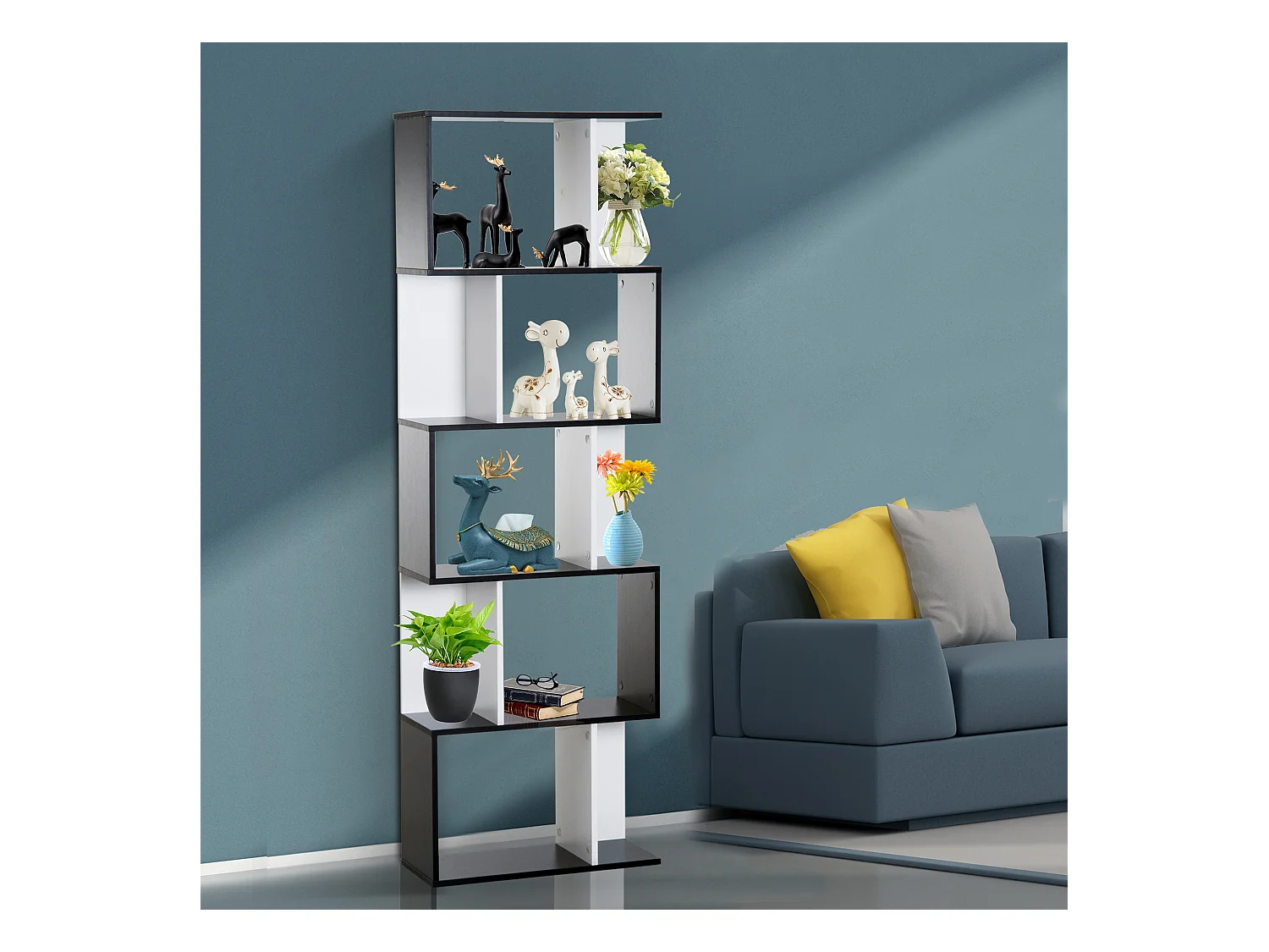 Bibliothèque étagère meuble de rangement design contemporain en S 5 étagères 60L x 24l x 185H cm noir blanc