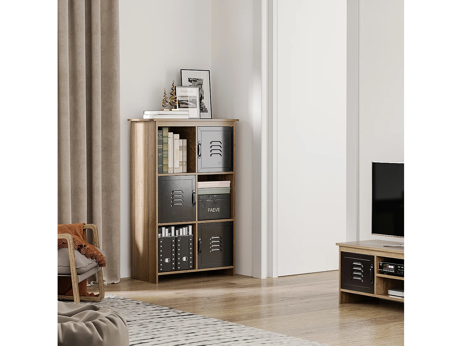 Bibliothèque design industriel - meuble de rangement 3 niches 3 casiers - panneaux particules aspect bois veinage portes métal noir