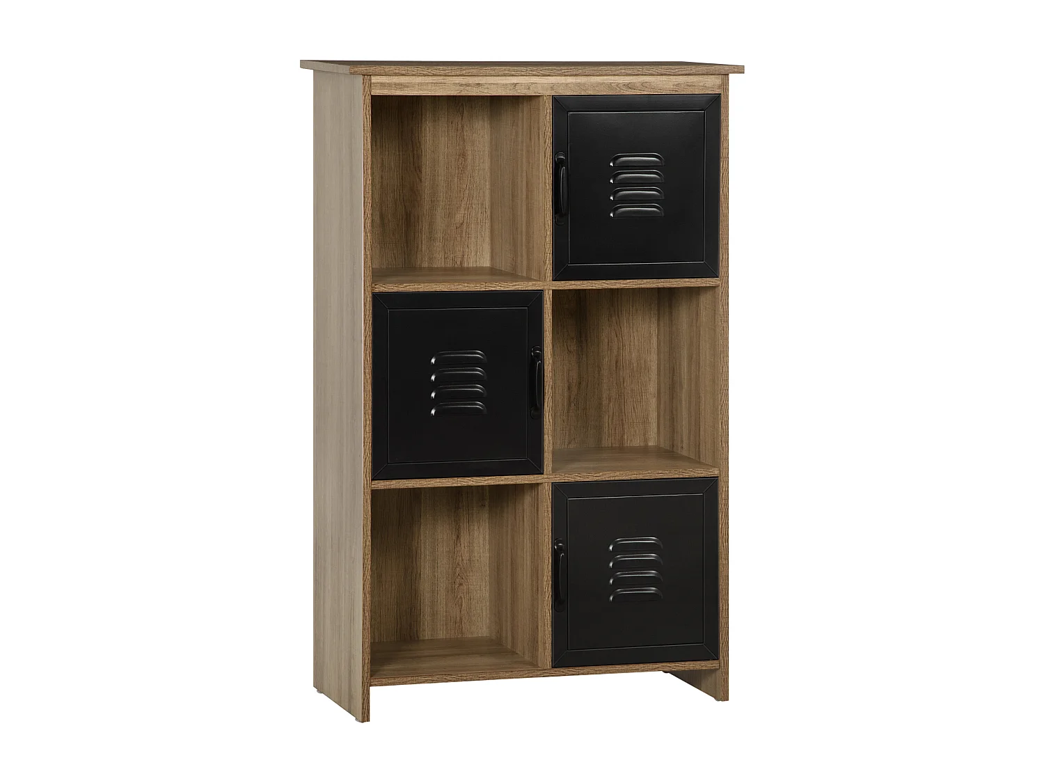 Bibliothèque design industriel - meuble de rangement 3 niches 3 casiers - panneaux particules aspect bois veinage portes métal noir