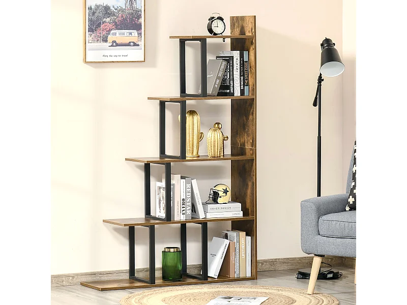 Étagère bibliothèque séparateur de pièce style industriel en escalier 5 étagères dim. 102L x 30l x 160H cm acier noir panneaux particules aspect vieux bois chêne