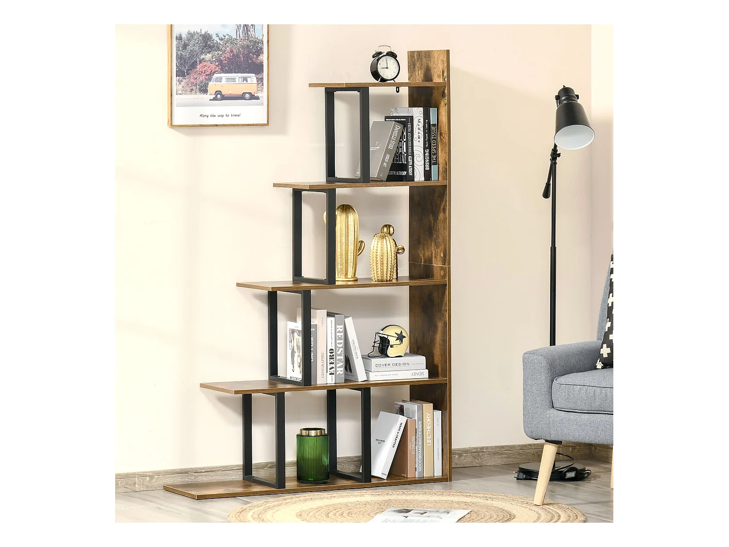 Étagère bibliothèque séparateur de pièce style industriel en escalier 5 étagères dim. 102L x 30l x 160H cm acier noir panneaux particules aspect vieux bois chêne