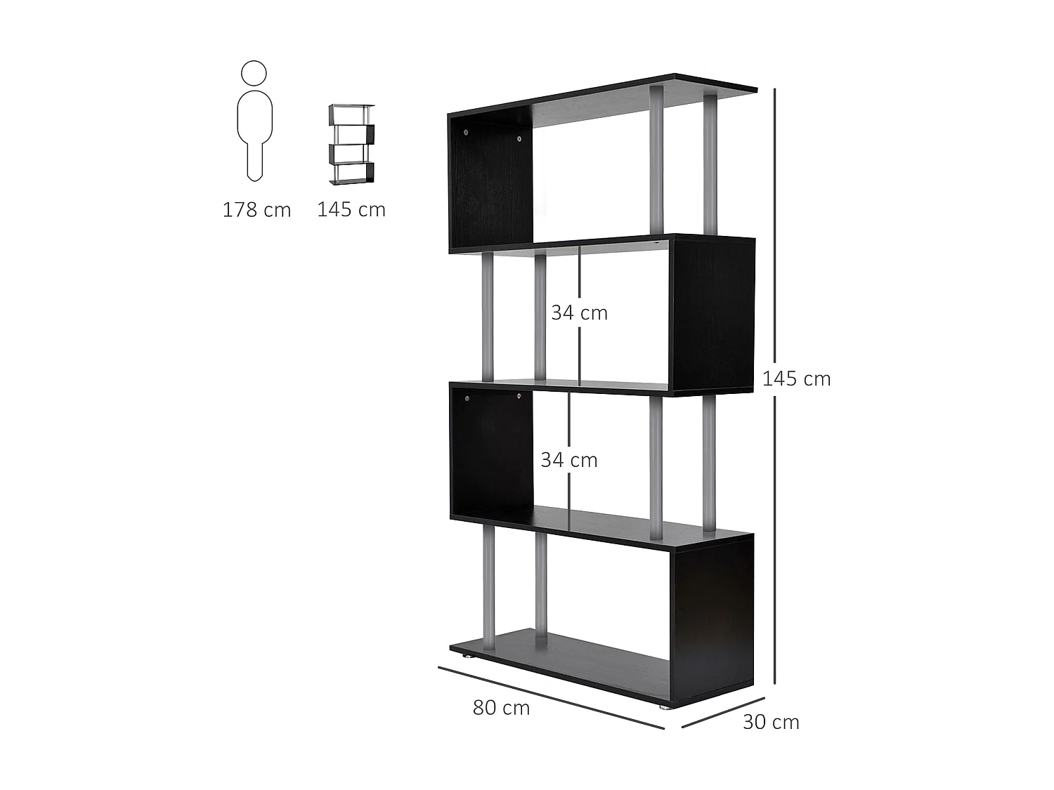 Bibliothèque étagère design contemporain en S 4 niveaux 80L x 30l x 145H cm coloris noir