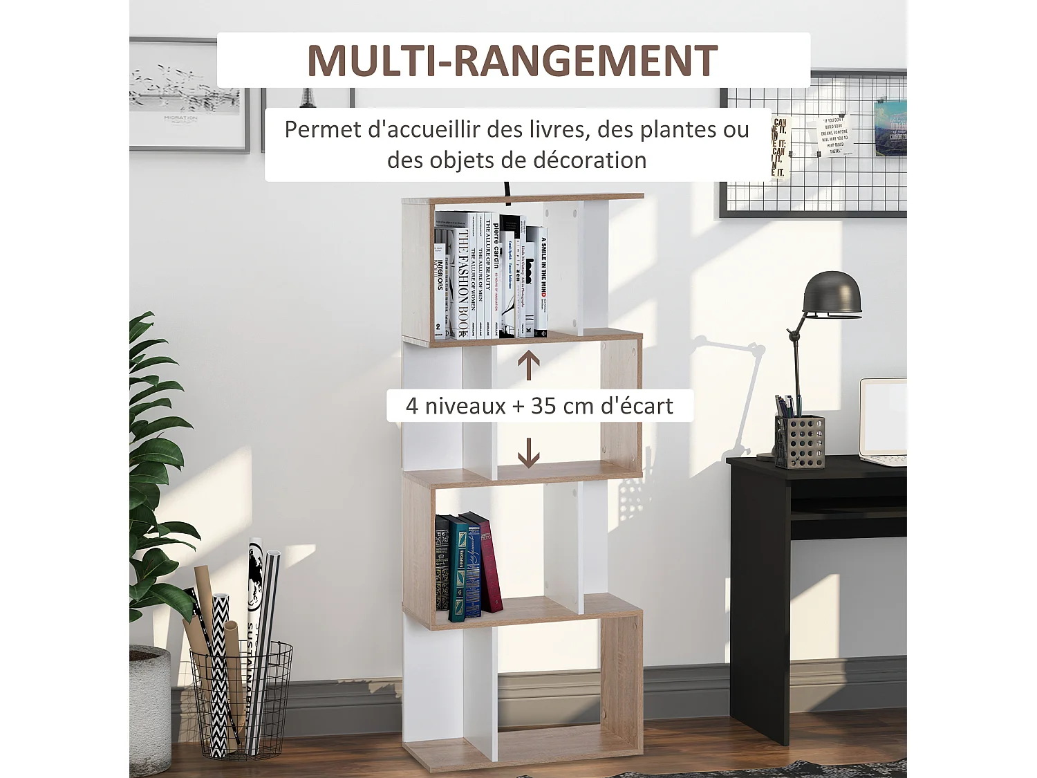 Bibliothèque étagère meuble de rangement design contemporain en S 4 étagères 60L x 24l x 148H cm chêne blanc