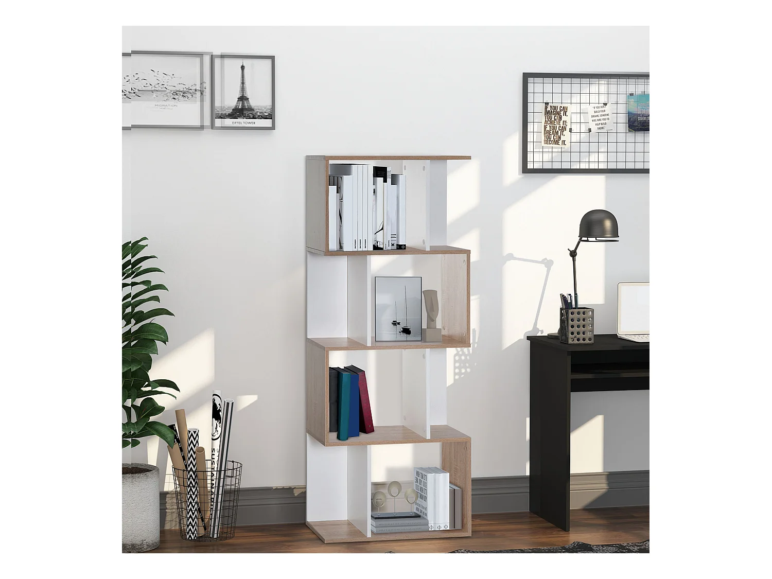 Bibliothèque étagère meuble de rangement design contemporain en S 4 étagères 60L x 24l x 148H cm chêne blanc