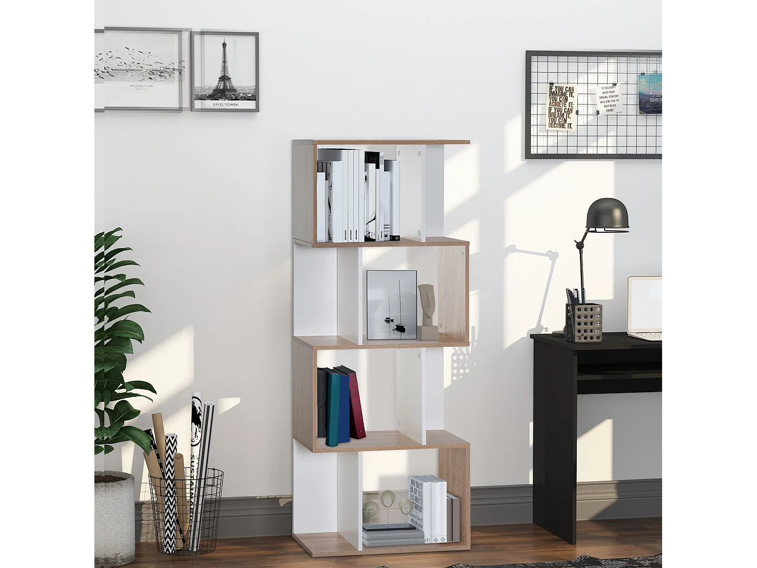 Bibliothèque étagère meuble de rangement design contemporain en S 4 étagères 60L x 24l x 148H cm chêne blanc