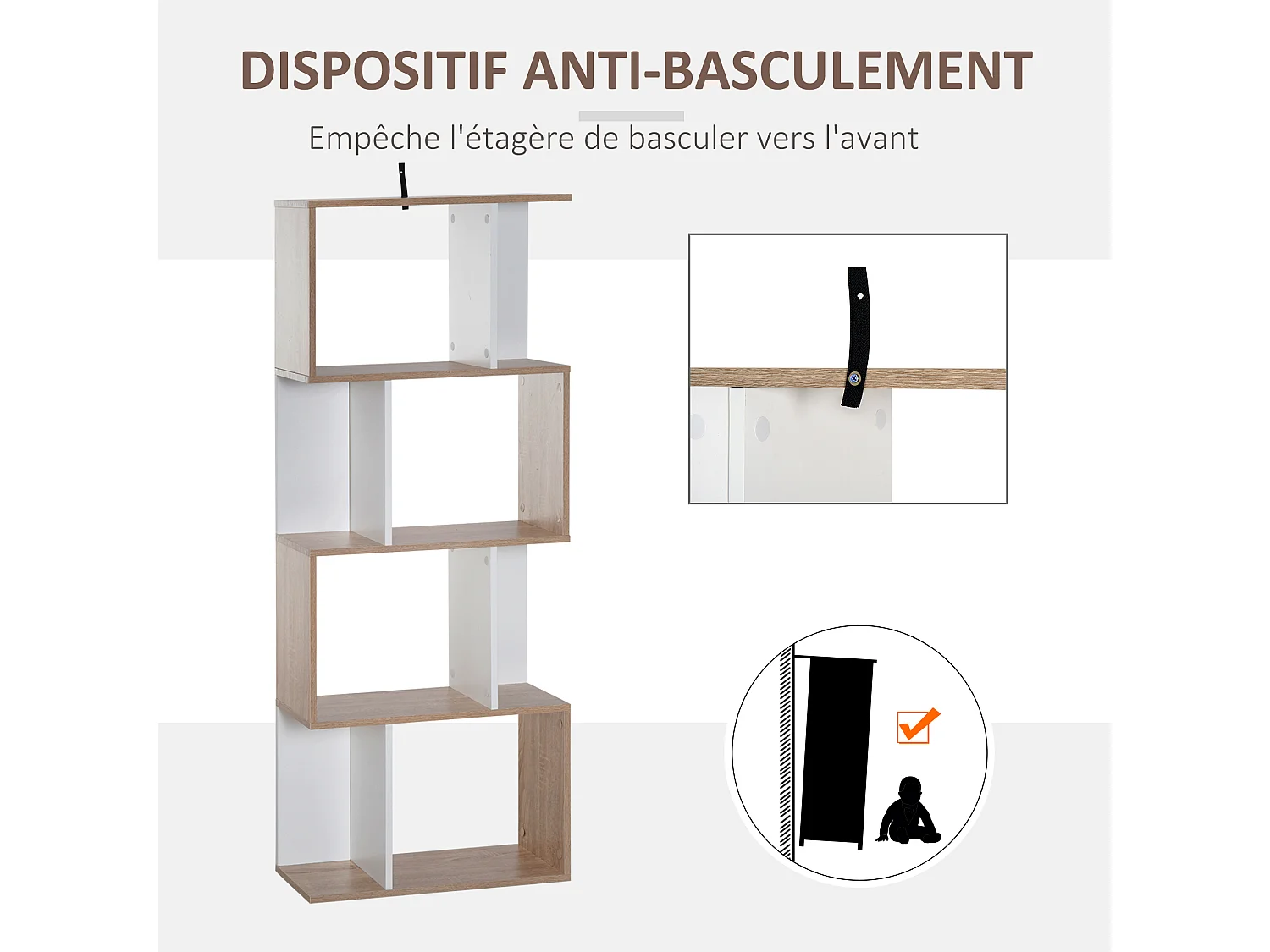Bibliothèque étagère meuble de rangement design contemporain en S 4 étagères 60L x 24l x 148H cm chêne blanc