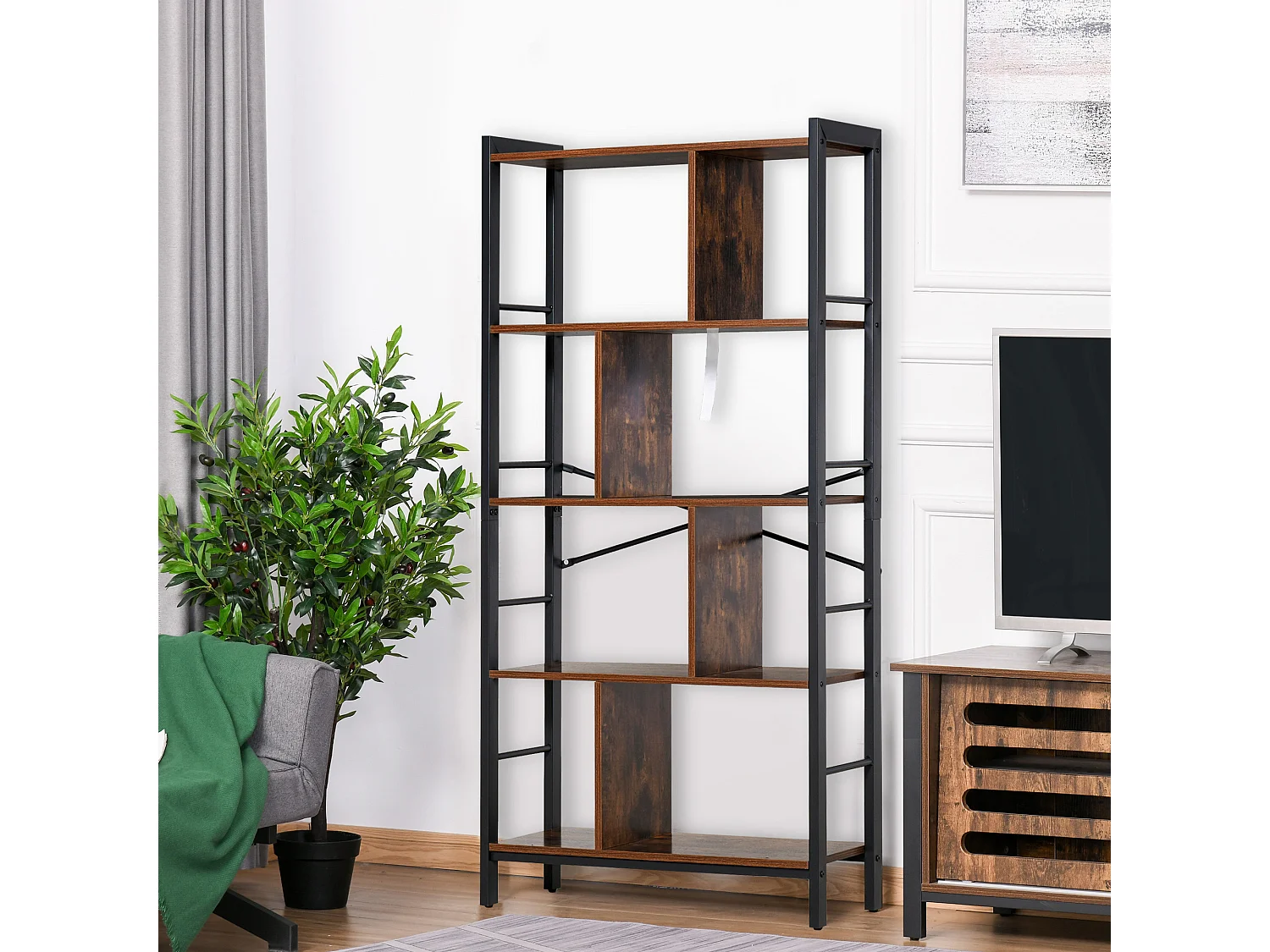 Bibliothèque, Étagère de Rangement à 4 Niveaux style industriel panneaux particules aspect vieux bois métal noir