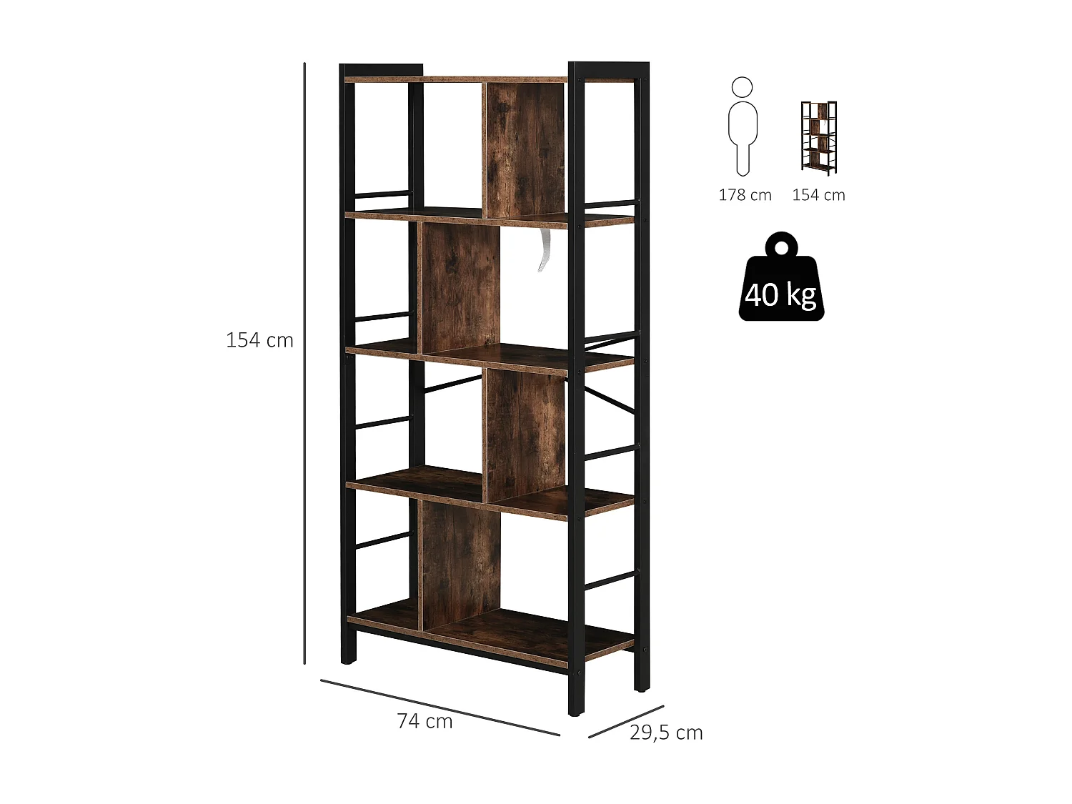 Bibliothèque, Étagère de Rangement à 4 Niveaux style industriel panneaux particules aspect vieux bois métal noir