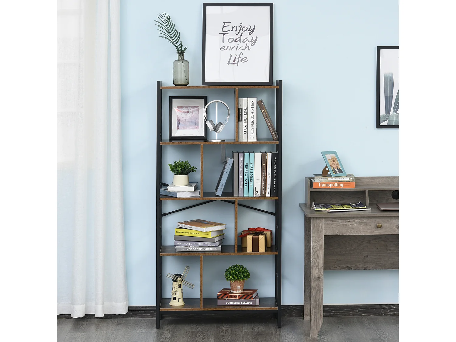 Bibliothèque, Étagère de Rangement à 4 Niveaux style industriel panneaux particules aspect vieux bois métal noir