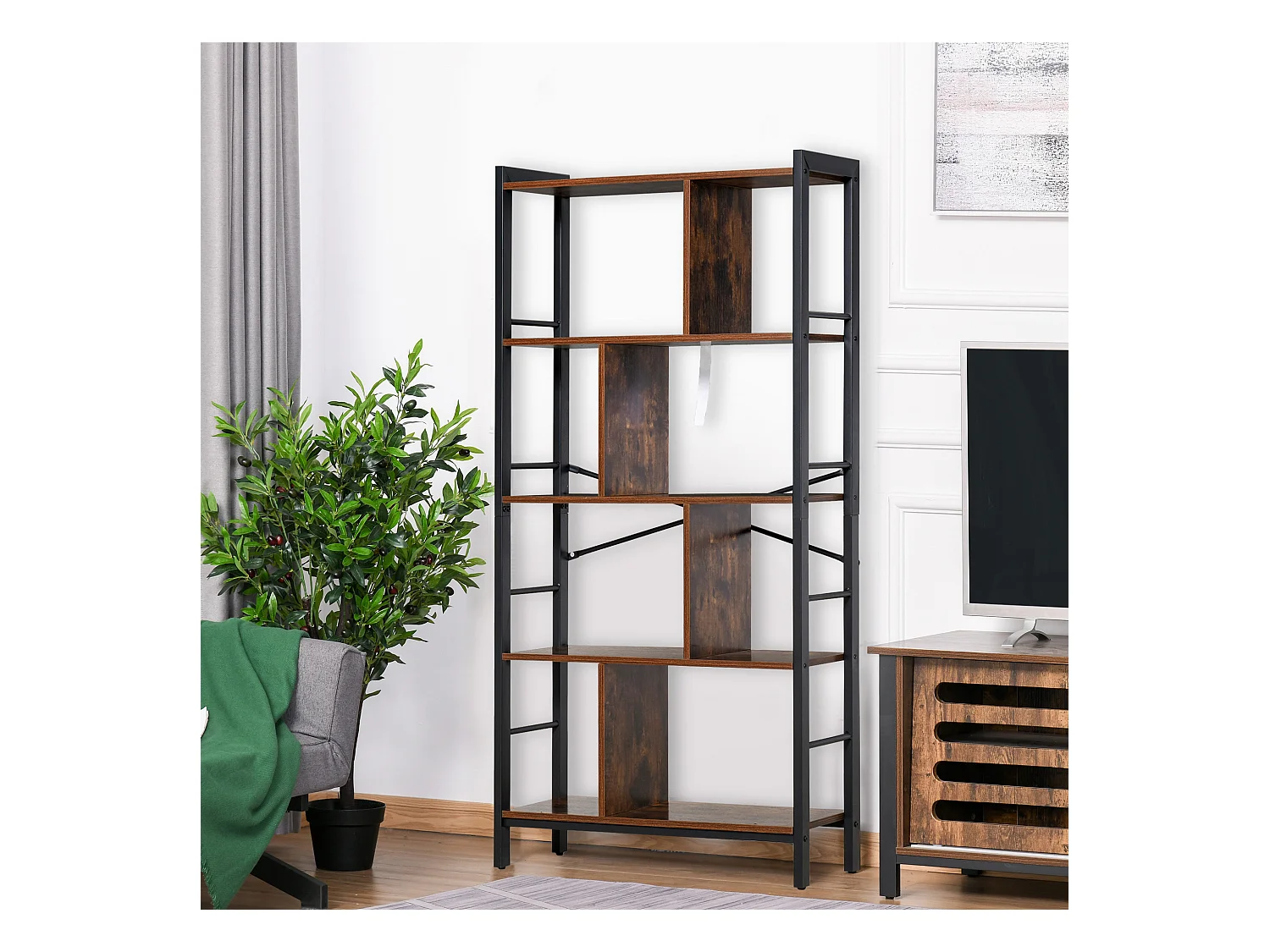 Bibliothèque, Étagère de Rangement à 4 Niveaux style industriel panneaux particules aspect vieux bois métal noir
