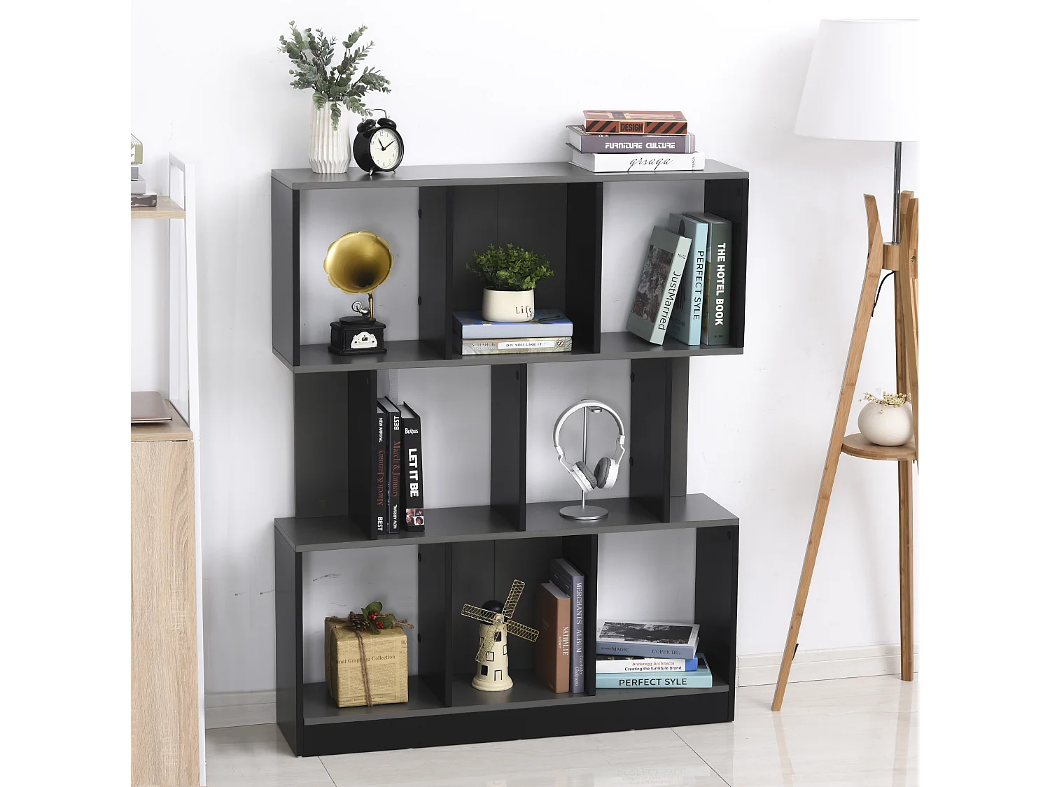 Bibliothèque étagère meuble de rangement 3 niveaux design contemporain MDF E1 bicolore gris noir