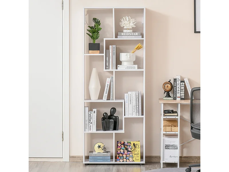 Bibliothèque étagère zig zag design contemporain 70L x 24l x 178H cm panneaux particules blanc