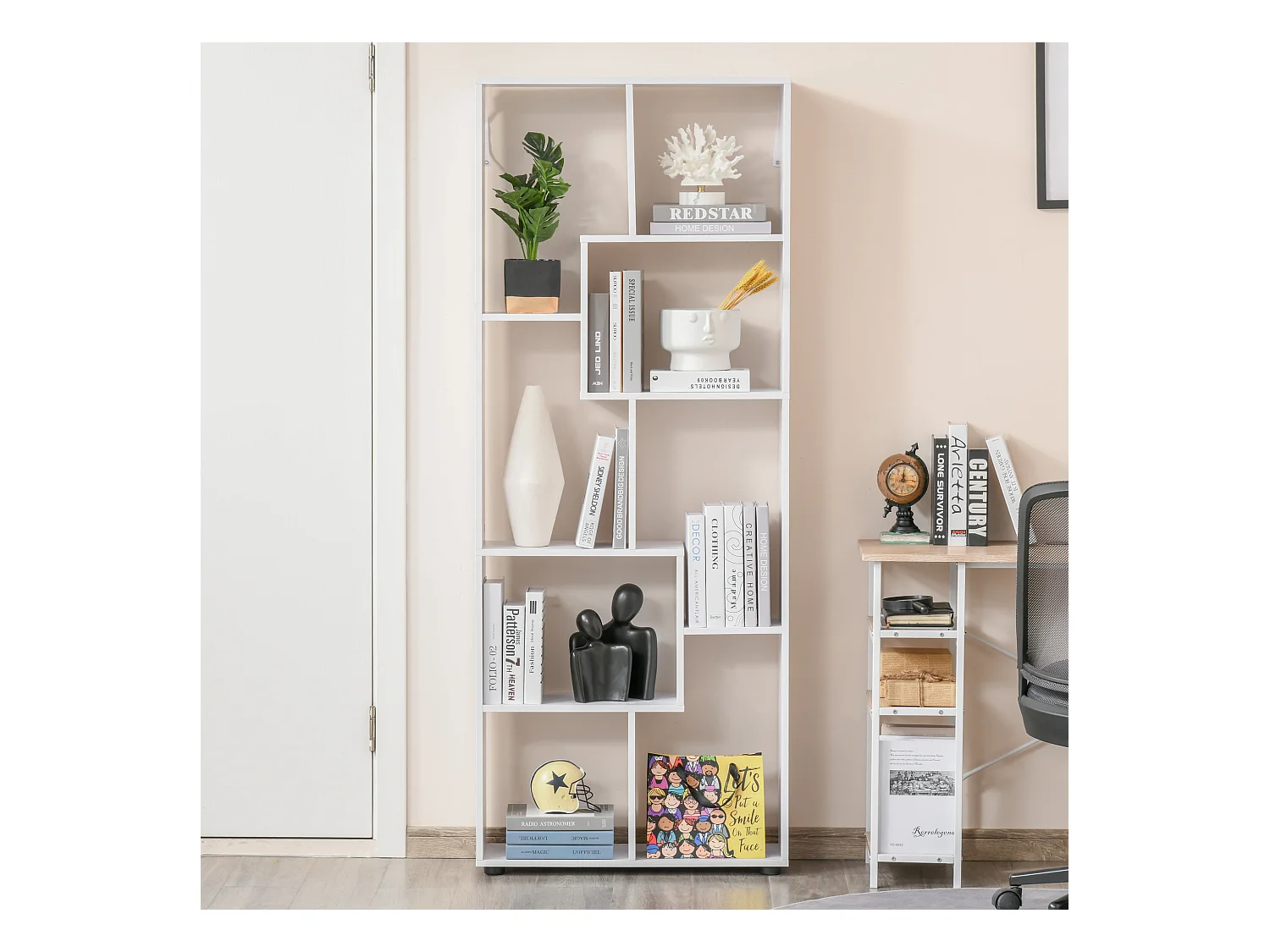 Bibliothèque étagère zig zag design contemporain 70L x 24l x 178H cm panneaux particules blanc